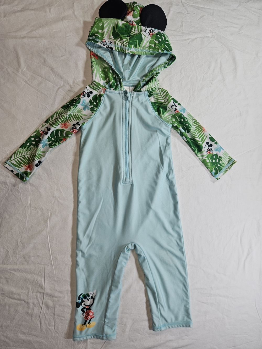 Mickey Mouse Light Blue & Green Tropical Print Kids One-Piece Swimsuit with Hood
